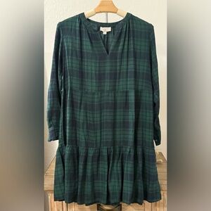 Loft Green and Navy Plaid Long Sleeve Plaid Dress - Size Small Petite
